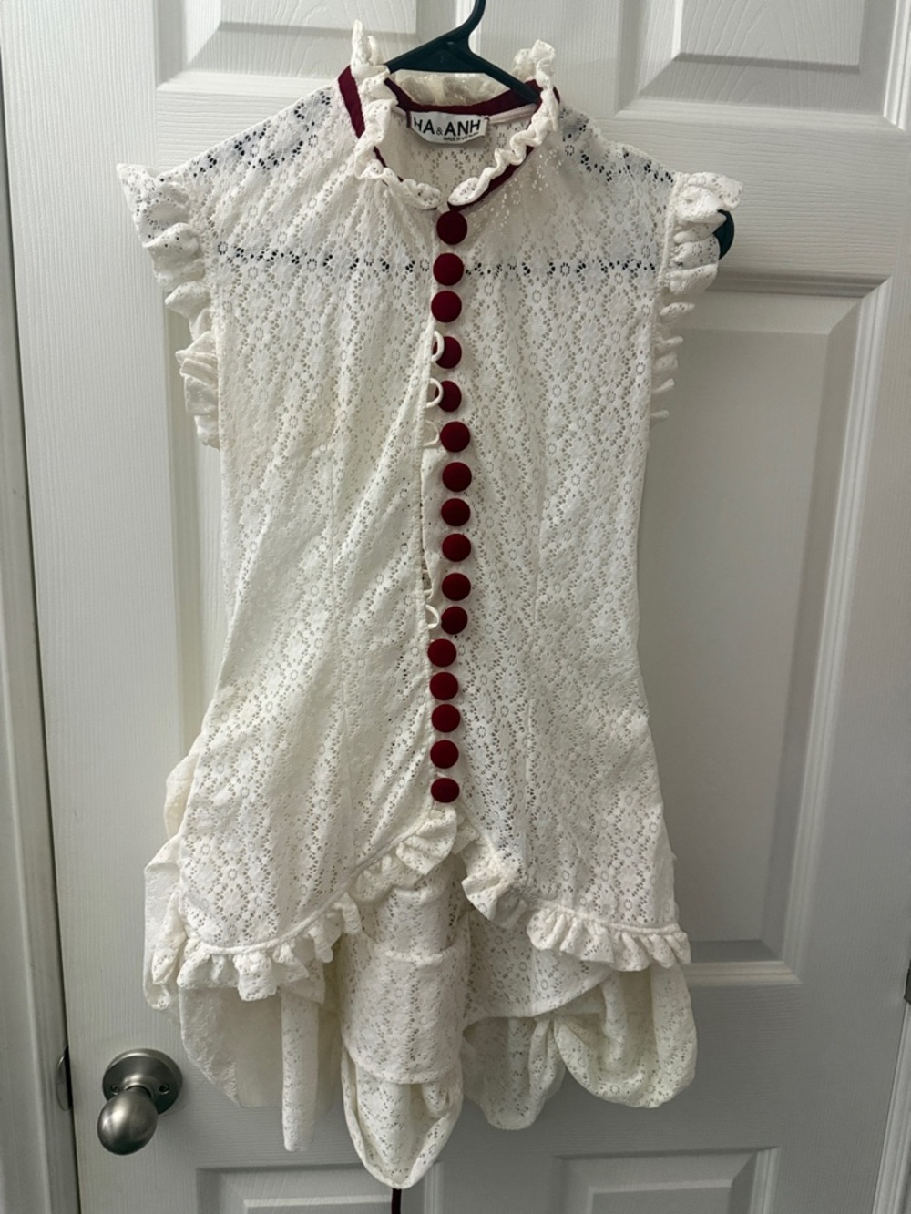 White Lace High-Low Dress with Red Button Trim